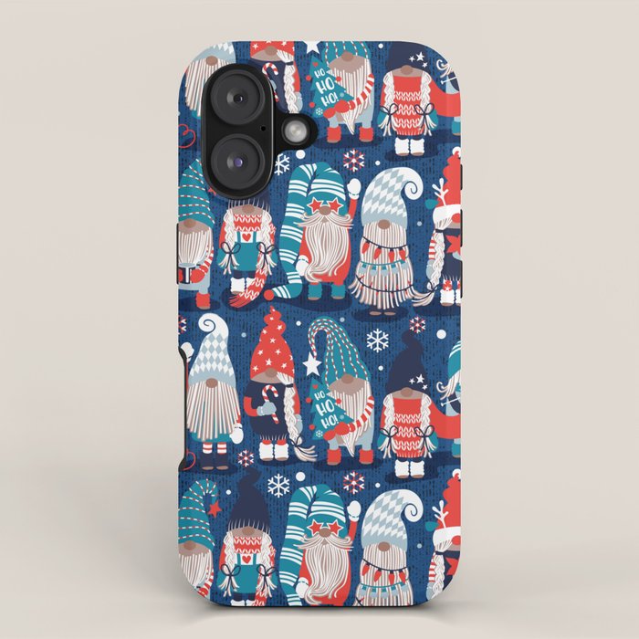 Let it gnome // blue background little Santa's helpers preparing for Christmas neon red classic oxford and pastel blue dressed gnomes iPhone Case Gallery Image 1