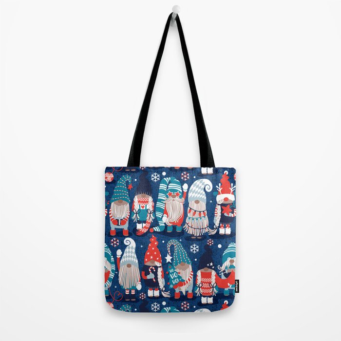 Let it gnome // blue background little Santa's helpers preparing for Christmas neon red classic oxford and pastel blue dressed gnomes Tote Bag Gallery Image 2