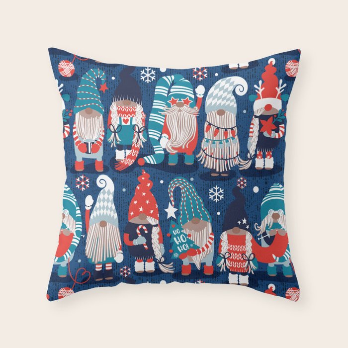 Let it gnome // blue background little Santa's helpers preparing for Christmas neon red classic oxford and pastel blue dressed gnomes Throw Pillow Gallery Image 6