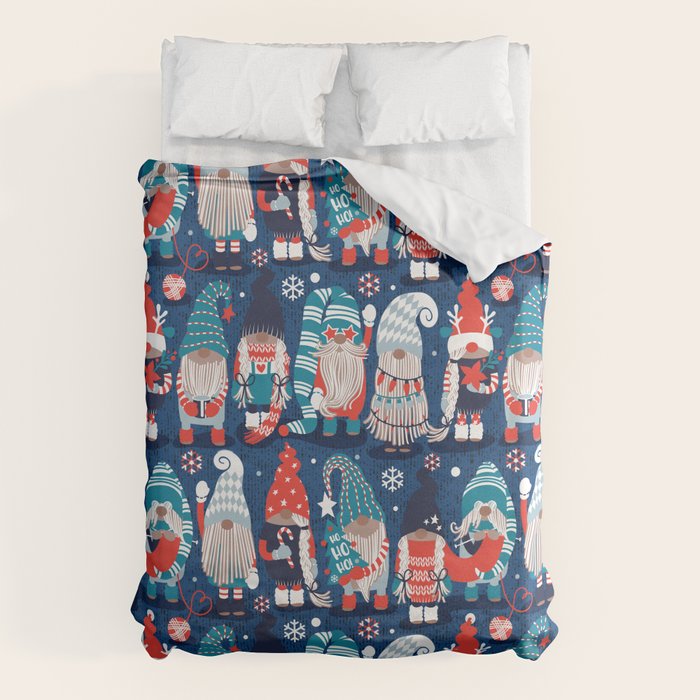 Let it gnome // blue background little Santa's helpers preparing for Christmas neon red classic oxford and pastel blue dressed gnomes Duvet Cover Gallery Image 6