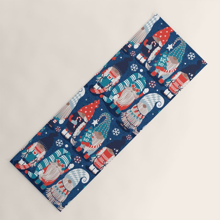 Let it gnome // blue background little Santa's helpers preparing for Christmas neon red classic oxford and pastel blue dressed gnomes Yoga Mat Gallery Image 1