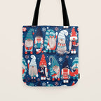 Let it gnome // blue background little Santa's helpers preparing for Christmas neon red classic oxford and pastel blue dressed gnomes Tote Bag Gallery Image 1