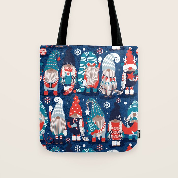 Let it gnome // blue background little Santa's helpers preparing for Christmas neon red classic oxford and pastel blue dressed gnomes Tote Bag Gallery Image 1