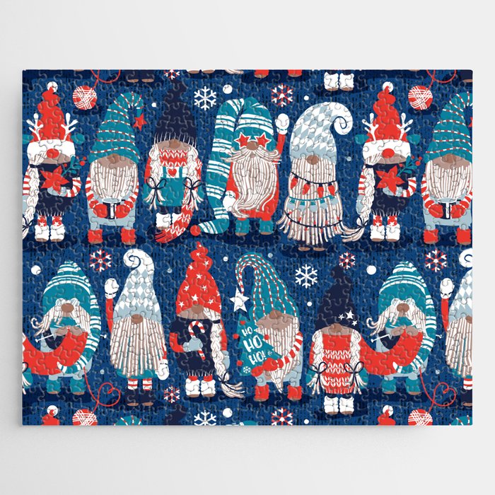 Let it gnome // blue background little Santa's helpers preparing for Christmas neon red classic oxford and pastel blue dressed gnomes Jigsaw Puzzle Gallery Image 1
