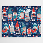 Let it gnome // blue background little Santa's helpers preparing for Christmas neon red classic oxford and pastel blue dressed gnomes Jigsaw Puzzle Gallery Image 1