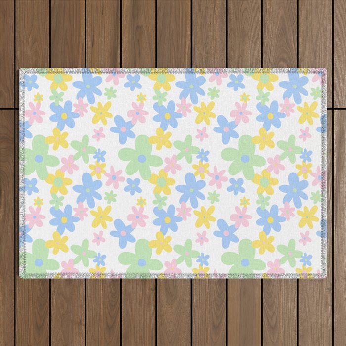 Colorful pastel flower art pattern Outdoor Rug Gallery Image 1