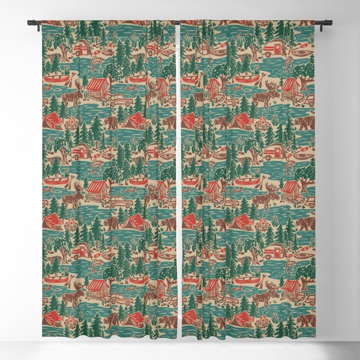 North Country Summer - vintage teal, green, brown, and red Window Curtain Gallery Image 1