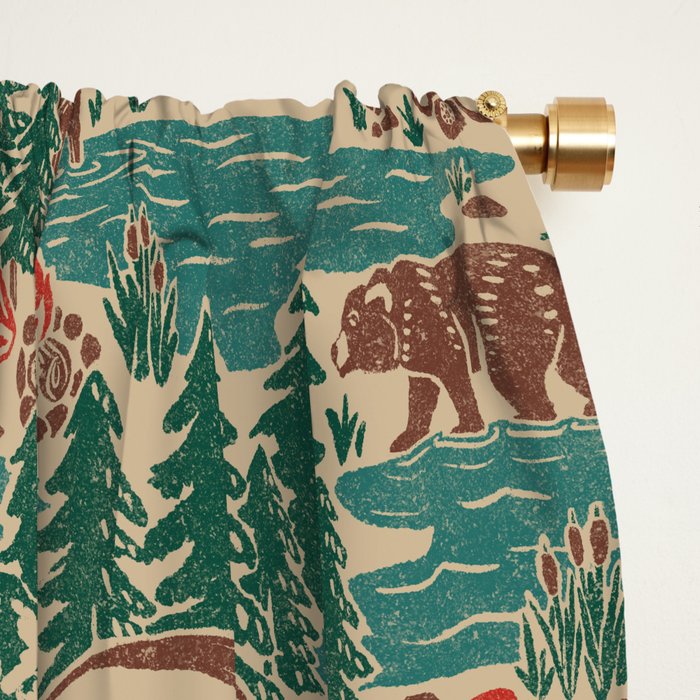 North Country Summer - vintage teal, green, brown, and red Window Curtain Gallery Image 2