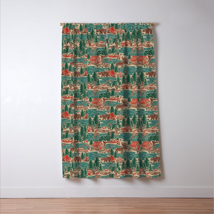 North Country Summer - vintage teal, green, brown, and red Window Curtain Gallery Image 3