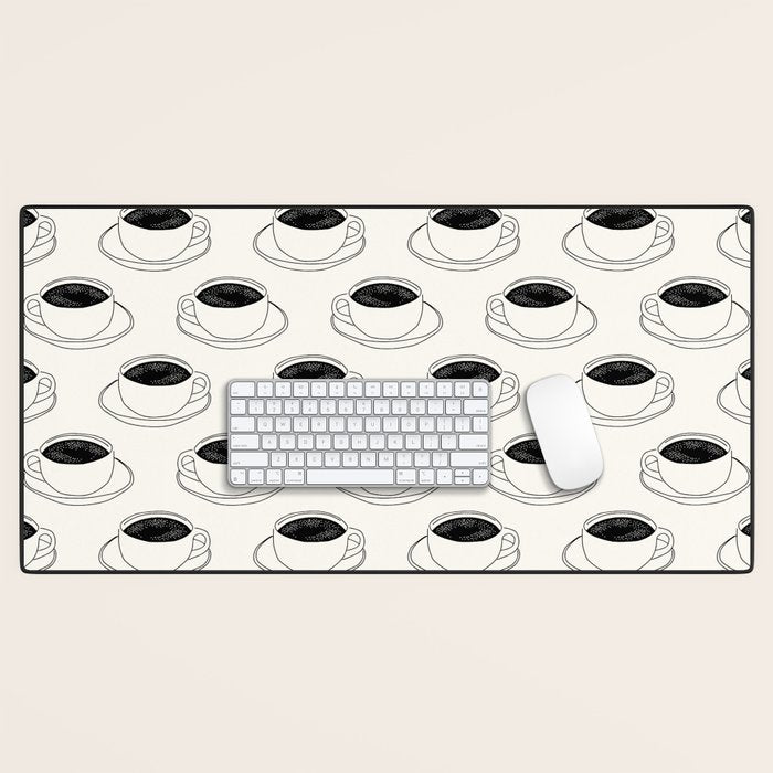 Black and white coffee drink mug doodle pattern Desk Mat Gallery Image 1