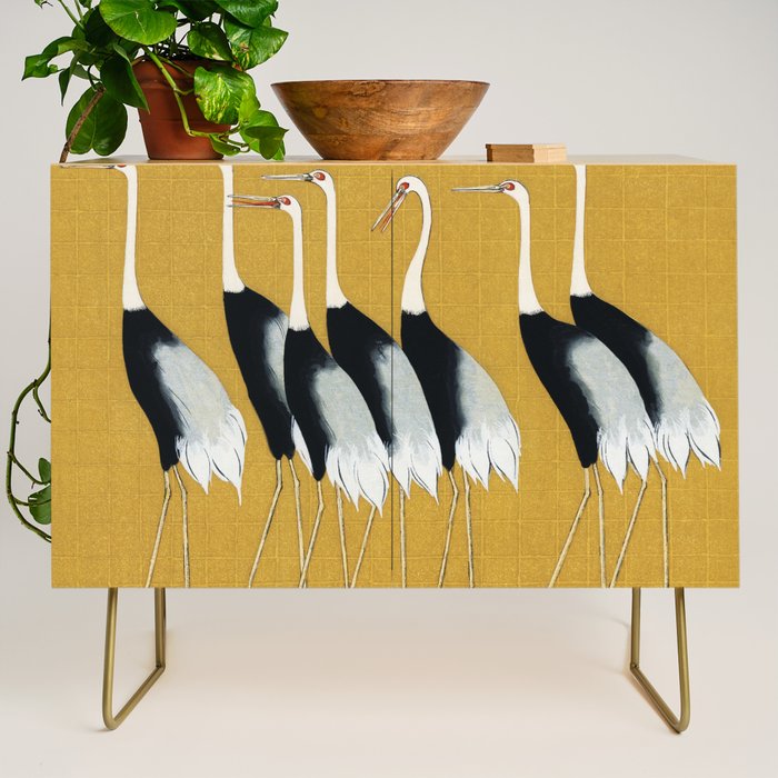 Japanese Red Crown Crane Wall Art - Mustard Yellow Credenza Gallery Image 1