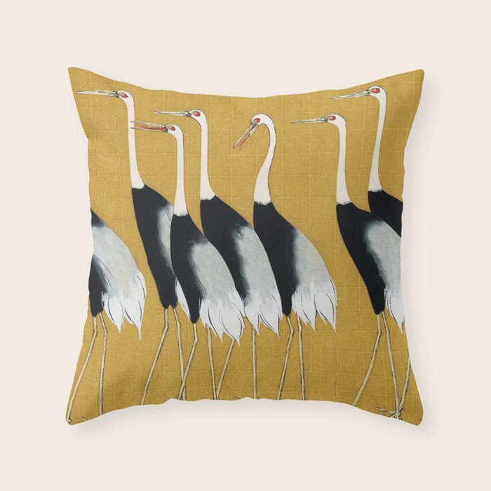 Japanese Red Crown Crane Wall Art - Mustard Yellow Throw Pillow Gallery Image 6