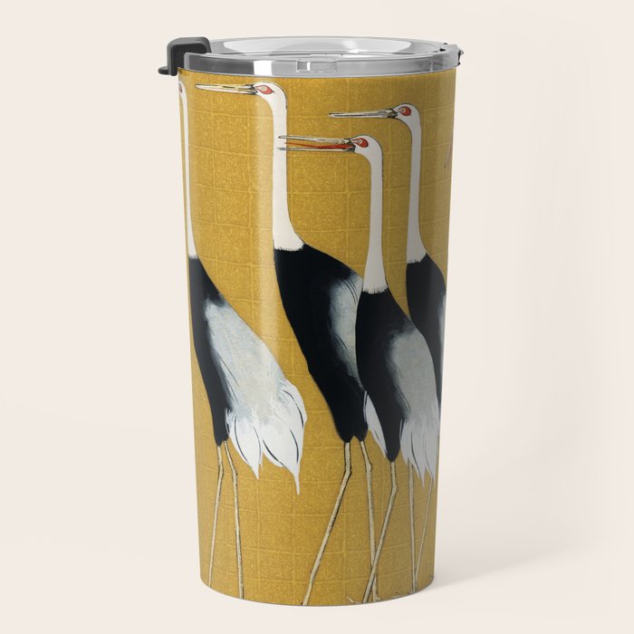 Japanese Red Crown Crane Wall Art - Mustard Yellow Travel Mug Gallery Image 3