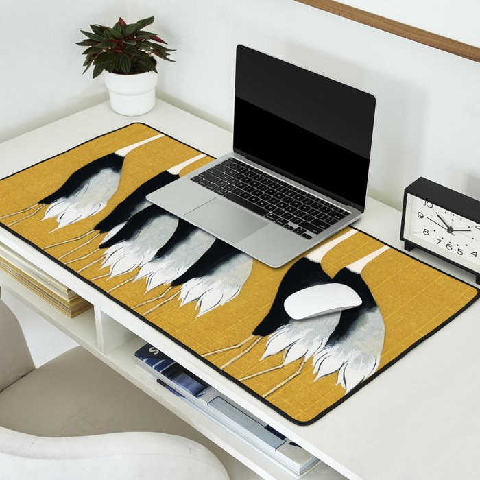 Japanese Red Crown Crane Wall Art - Mustard Yellow Desk Mat Gallery Image 2
