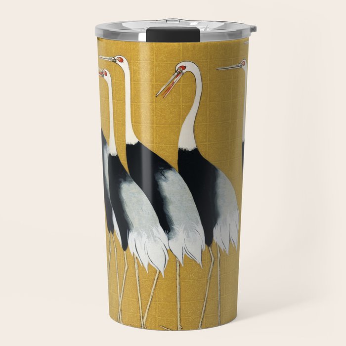 Japanese Red Crown Crane Wall Art - Mustard Yellow Travel Mug Gallery Image 1