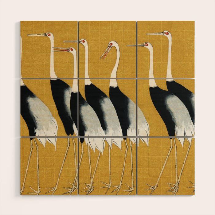 Japanese Red Crown Crane Wall Art - Mustard Yellow Wood Wall Art Gallery Image 1
