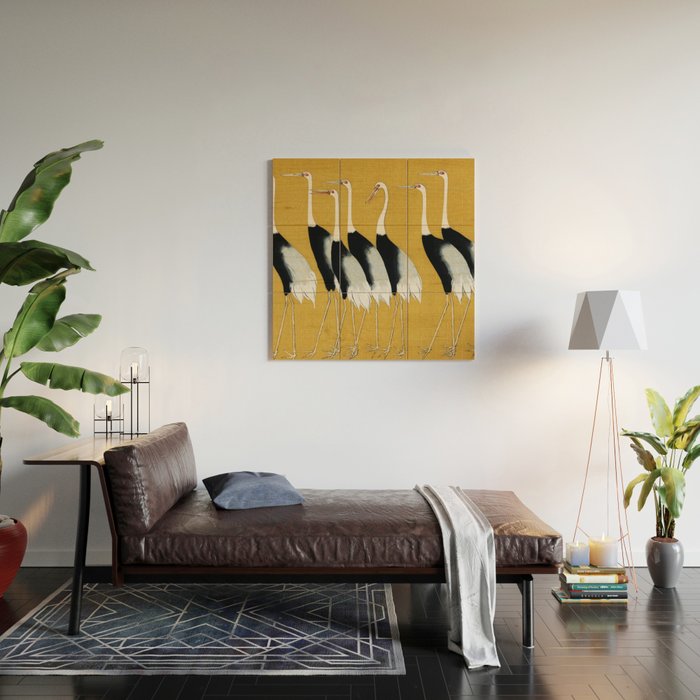 Japanese Red Crown Crane Wall Art - Mustard Yellow Wood Wall Art Gallery Image 2