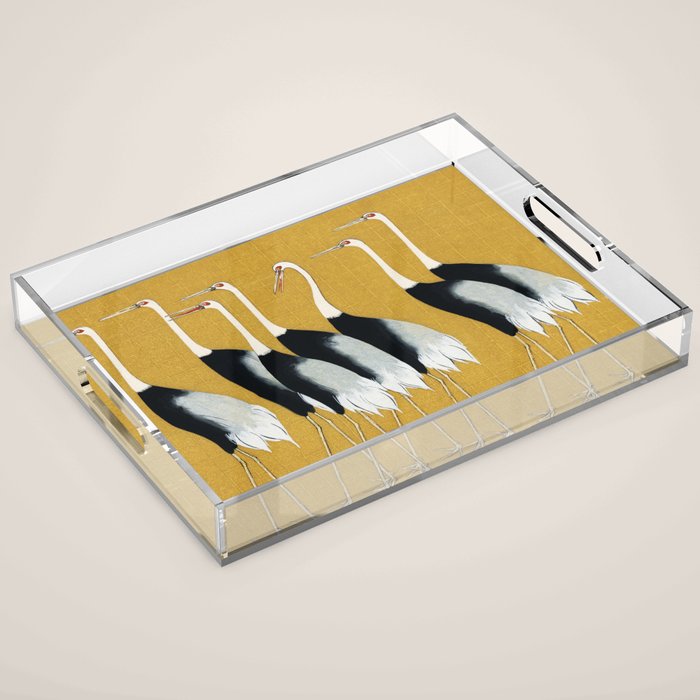 Japanese Red Crown Crane Wall Art - Mustard Yellow Acrylic Tray Gallery Image 1