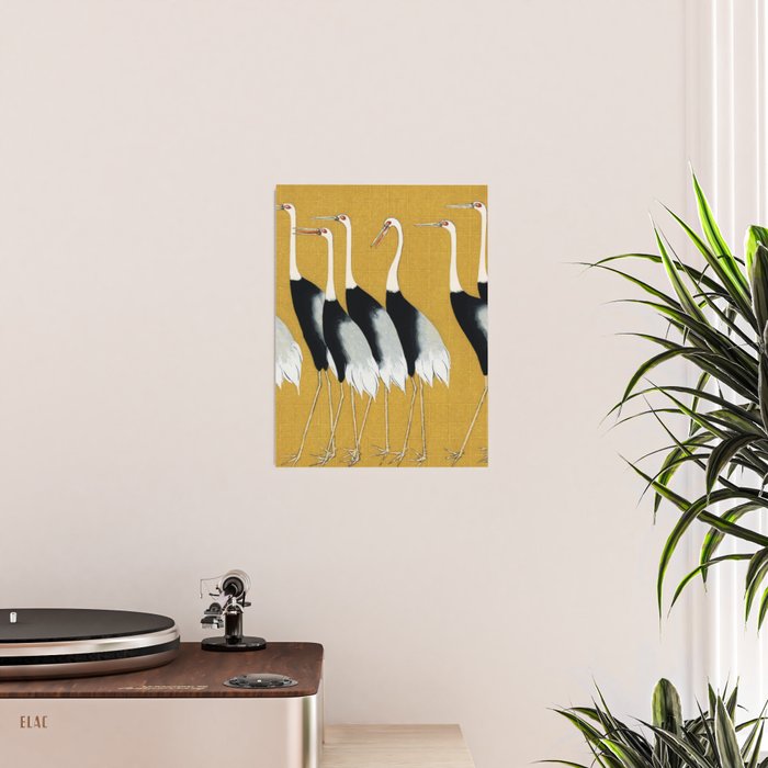 Japanese Red Crown Crane Wall Art - Mustard Yellow Poster Gallery Image 2
