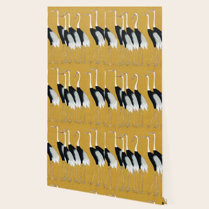 Japanese Red Crown Crane Wall Art - Mustard Yellow Wallpaper Gallery Image 2