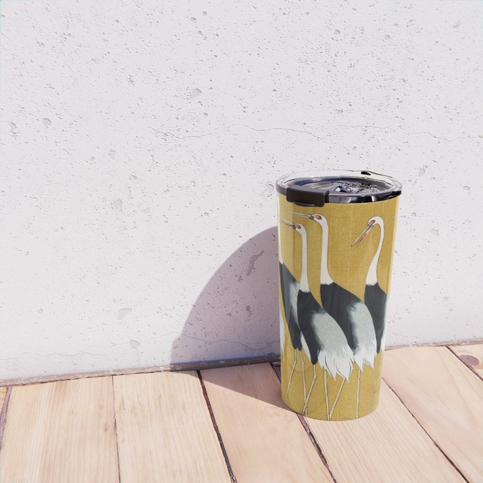 Japanese Red Crown Crane Wall Art - Mustard Yellow Travel Mug Gallery Image 4