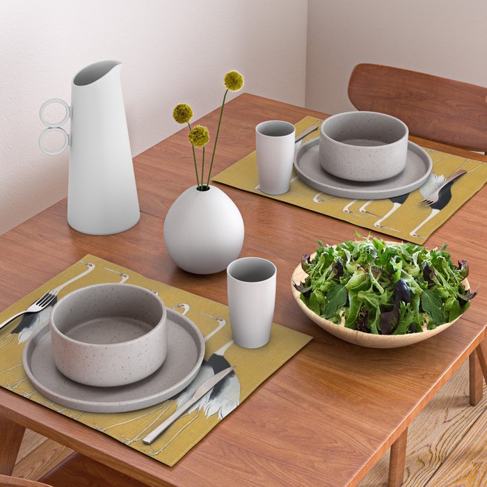 Japanese Red Crown Crane Wall Art - Mustard Yellow Placemat Gallery Image 2