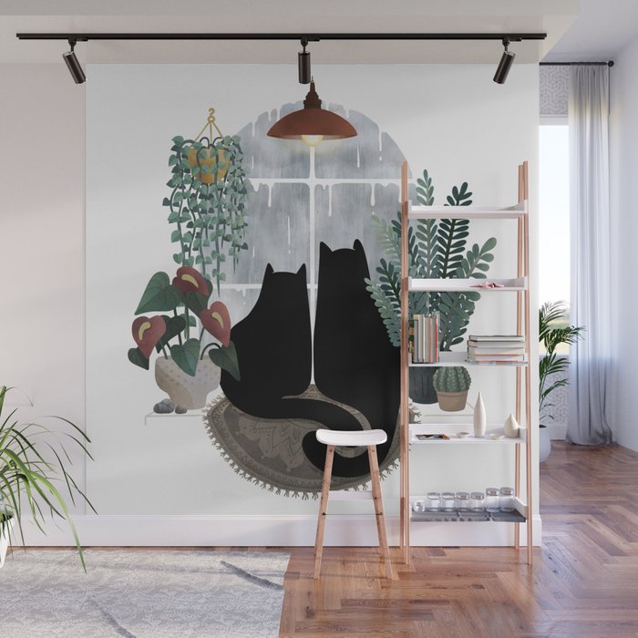 Rainy Day Cats (on white) Wall Mural Gallery Image 1