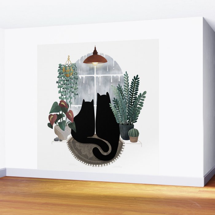 Rainy Day Cats (on white) Wall Mural Gallery Image 2