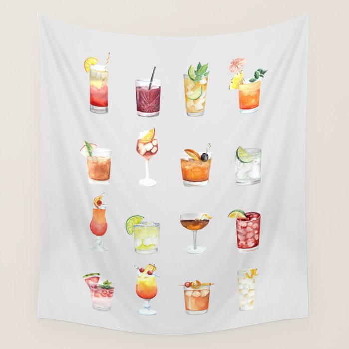 Classic Watercolor Cocktails Drinks Wall Tapestry Gallery Image 1