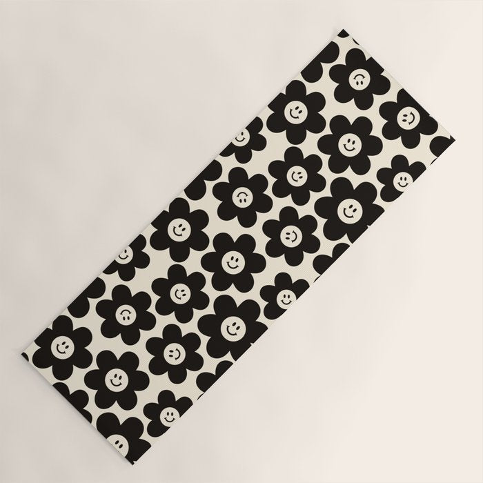 Retro Black & White Smiley Flower Pattern Yoga Mat Gallery Image 1