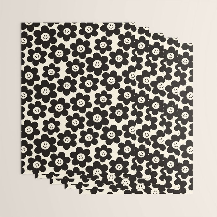 Retro Black & White Smiley Flower Pattern Wrapping Paper Gallery Image 3