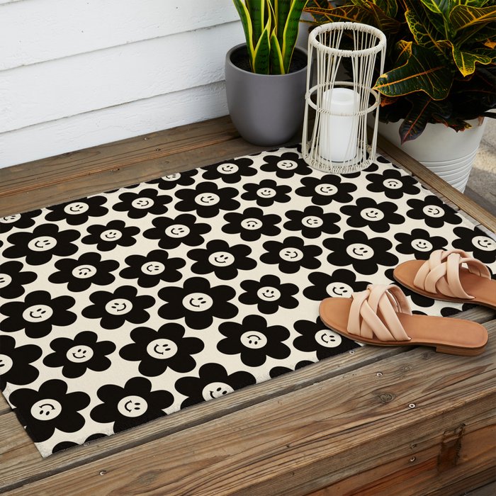 Retro Black & White Smiley Flower Pattern Outdoor Rug Gallery Image 2