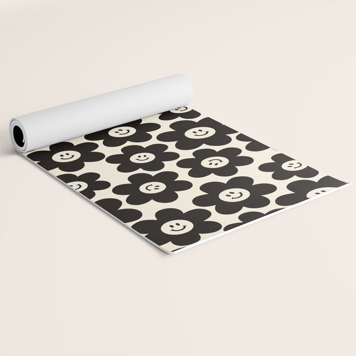 Retro Black & White Smiley Flower Pattern Yoga Mat Gallery Image 2