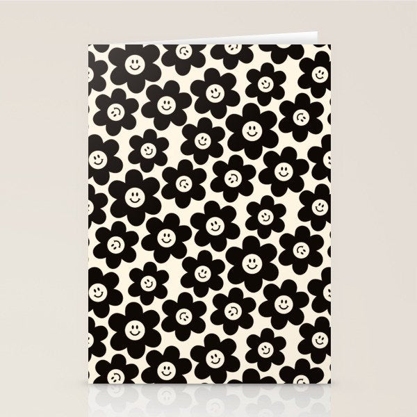 Retro Black & White Smiley Flower Pattern Stationery Card Gallery Image 2
