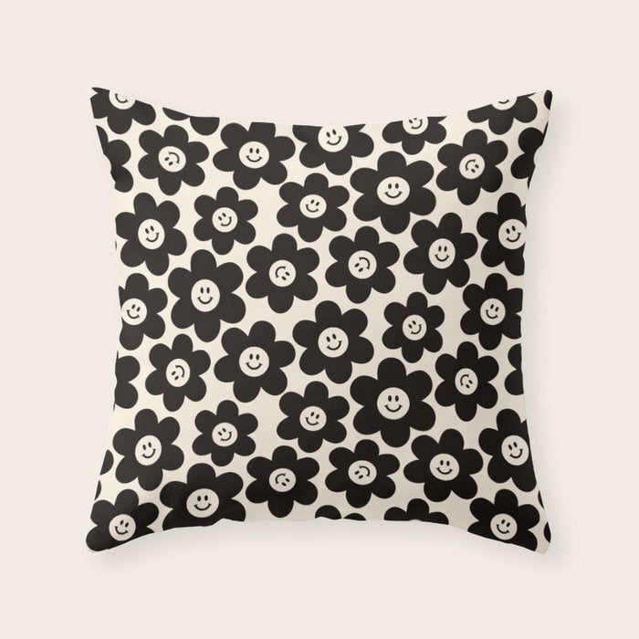 Retro Black & White Smiley Flower Pattern Throw Pillow Gallery Image 6