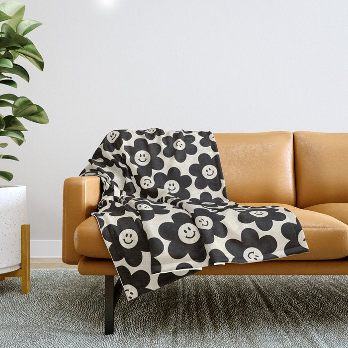 Retro Black & White Smiley Flower Pattern Throw Blanket Gallery Image 1