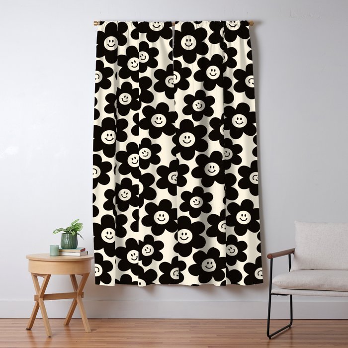 Retro Black & White Smiley Flower Pattern Window Curtain Gallery Image 5