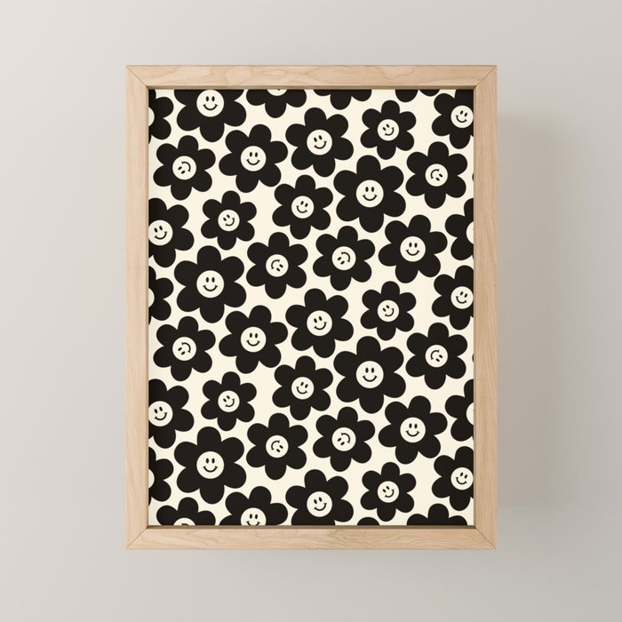 Retro Black & White Smiley Flower Pattern Mini Art Print Gallery Image 1