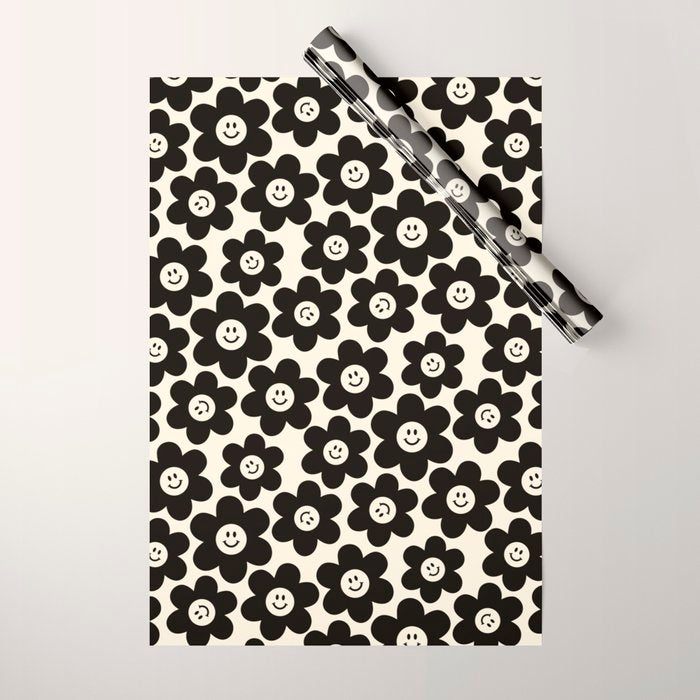 Retro Black & White Smiley Flower Pattern Wrapping Paper Gallery Image 1