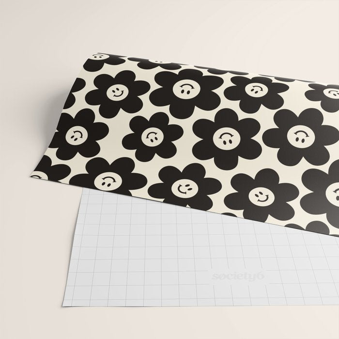 Retro Black & White Smiley Flower Pattern Wrapping Paper Gallery Image 2