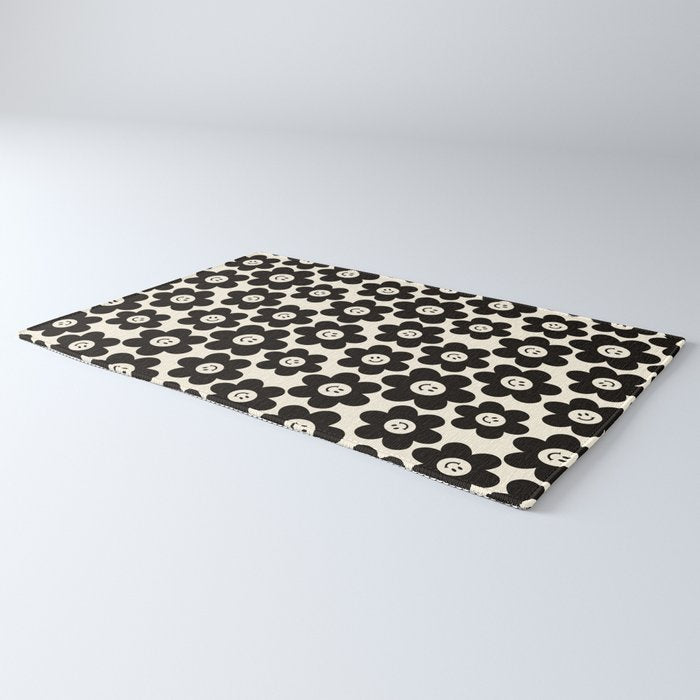 Retro Black & White Smiley Flower Pattern Rug Gallery Image 3