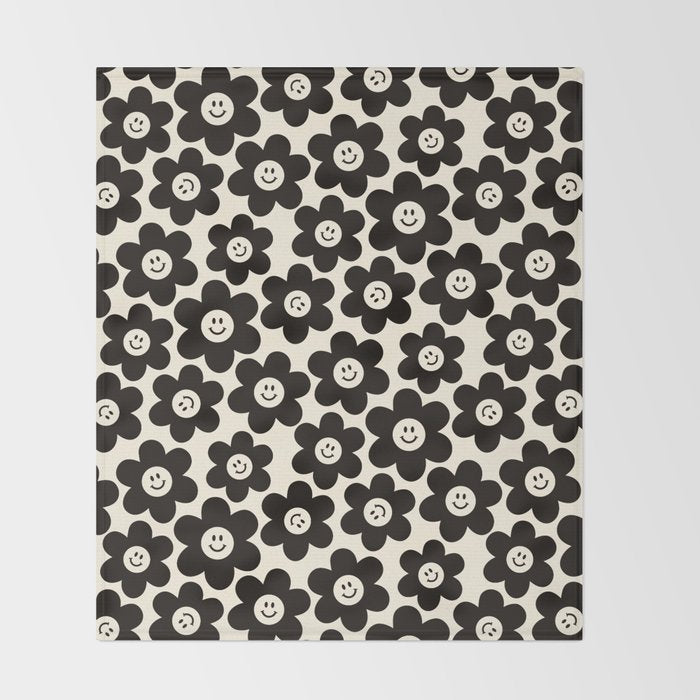 Retro Black & White Smiley Flower Pattern Throw Blanket Gallery Image 2