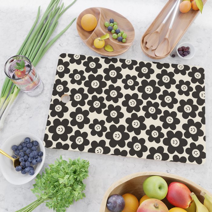 Retro Black & White Smiley Flower Pattern Cutting Board Gallery Image 2