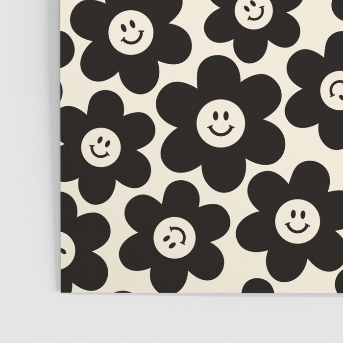 Retro Black & White Smiley Flower Pattern Poster Gallery Image 3