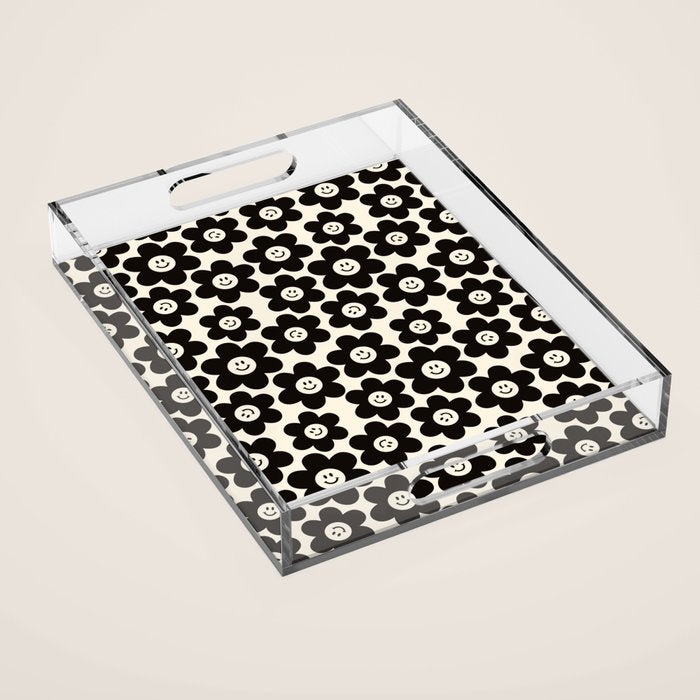 Retro Black & White Smiley Flower Pattern Acrylic Tray Gallery Image 1