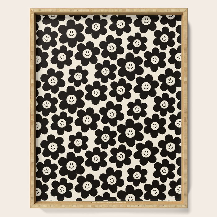 Retro Black & White Smiley Flower Pattern Serving Tray Gallery Image 1