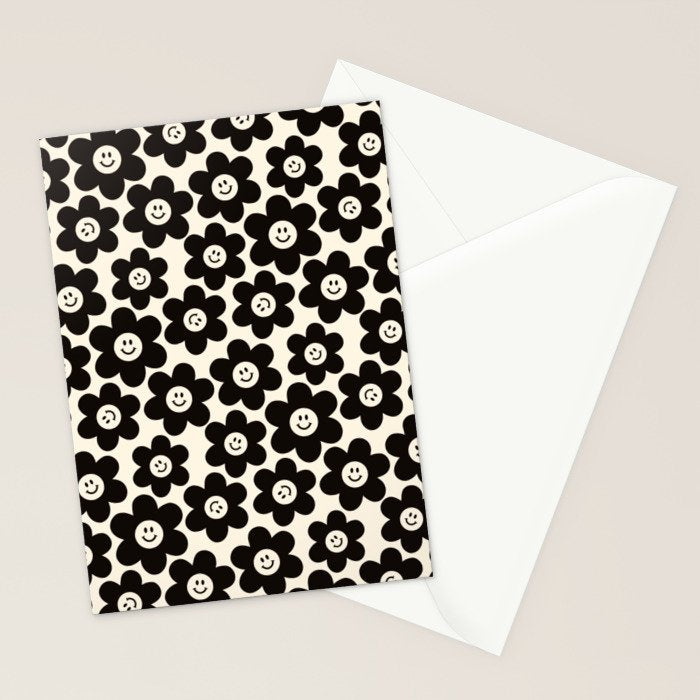 Retro Black & White Smiley Flower Pattern Stationery Card Gallery Image 2