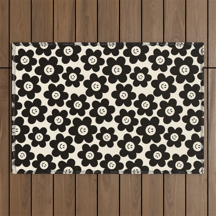 Retro Black & White Smiley Flower Pattern Outdoor Rug Gallery Image 1