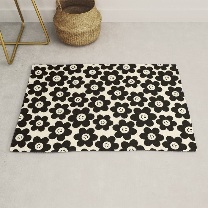 Retro Black & White Smiley Flower Pattern Rug Gallery Image 1