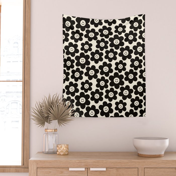 Retro Black & White Smiley Flower Pattern Wall Tapestry Gallery Image 2